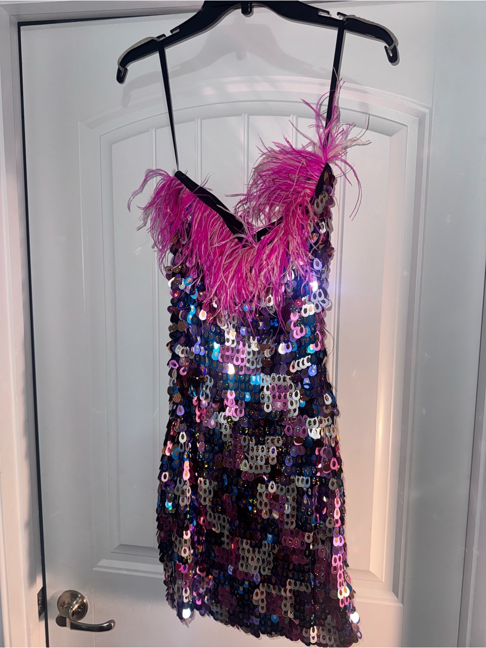 Pink Feather Trim Multicolor Sequin Slip Dress